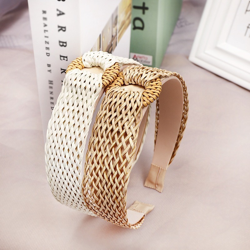 Retro Bamboo Buckle Straw Woven Hollow Wide Brim Hair Hoop Korean Girls Fashion Hair Band Accessories Womens Plain Headbands