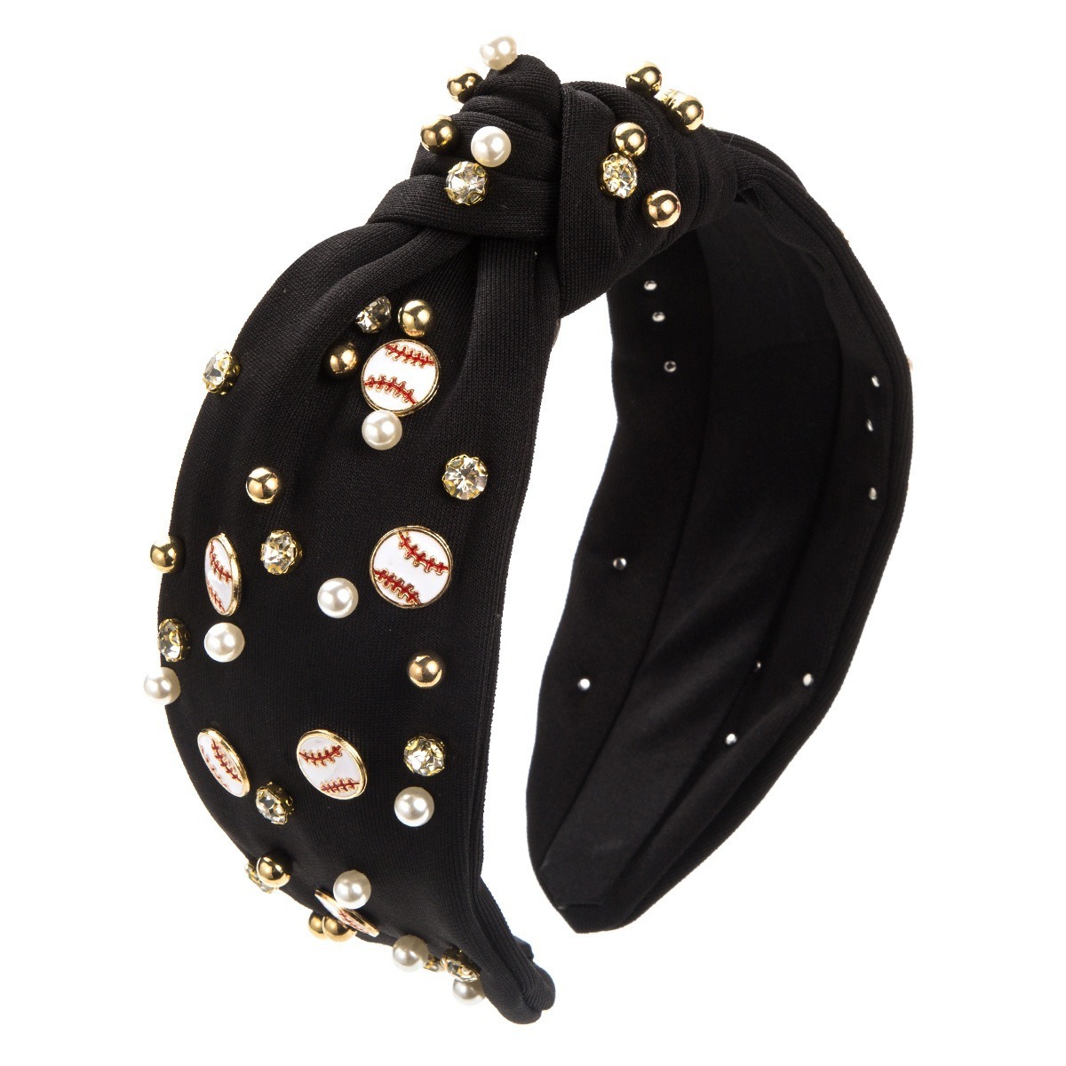 Trendy Wear Baseball Pearl Rhinestone Knotted Headband Simple Wide Edge Fabric Women's Hair Accessories Baseball