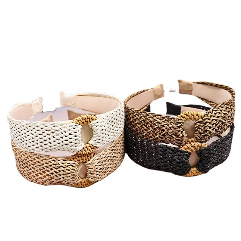 Retro Bamboo Buckle Straw Woven Hollow Wide Brim Hair Hoop Korean Girls Fashion Hair Band Accessories Womens Plain Headbands