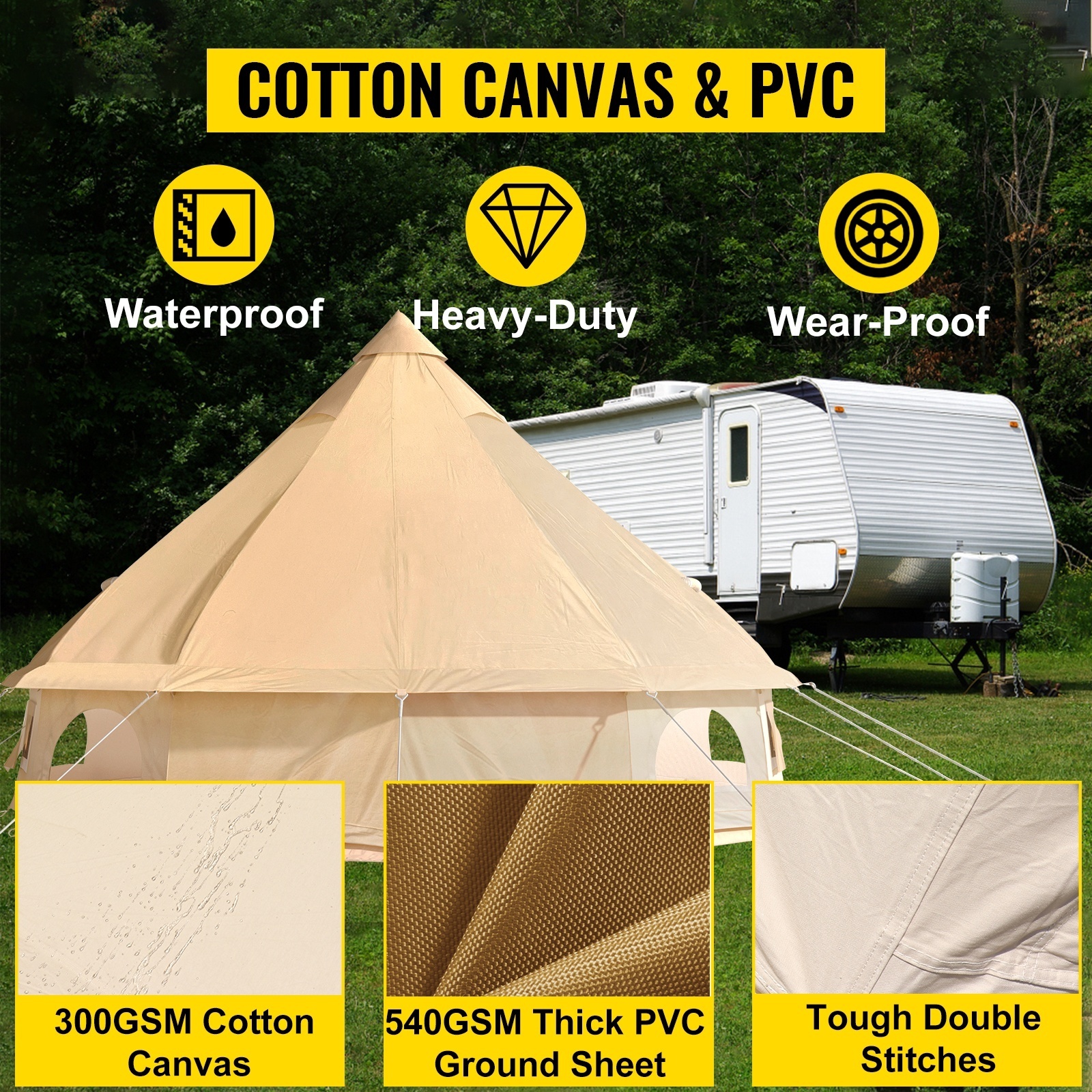 Cotton Canvas Tent Bell Tent Yurt with Stove Jack Zipped Removable Floor for Glamping Truck Car Camping  4 Season