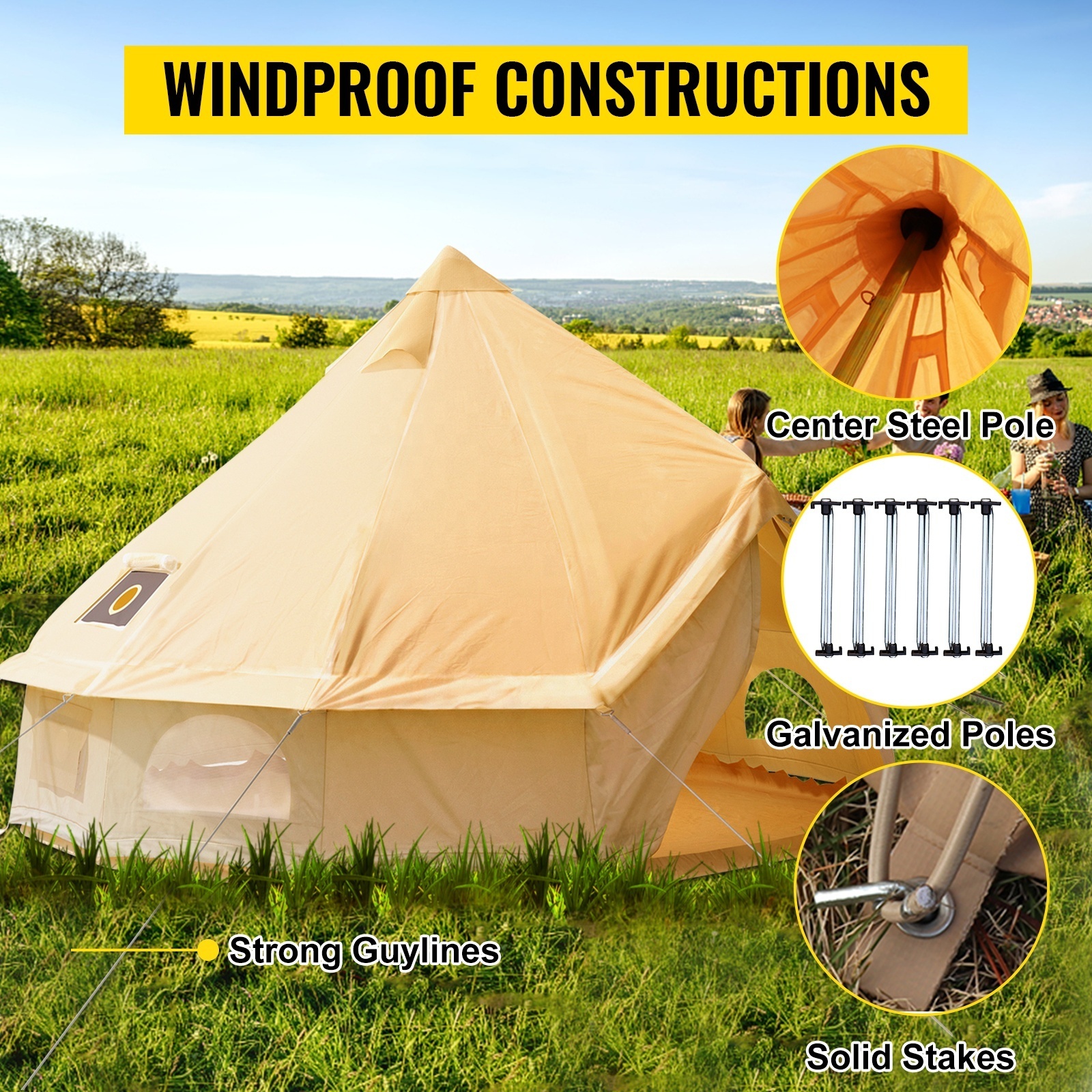 Cotton Canvas Tent Bell Tent Yurt with Stove Jack Zipped Removable Floor for Glamping Truck Car Camping  4 Season