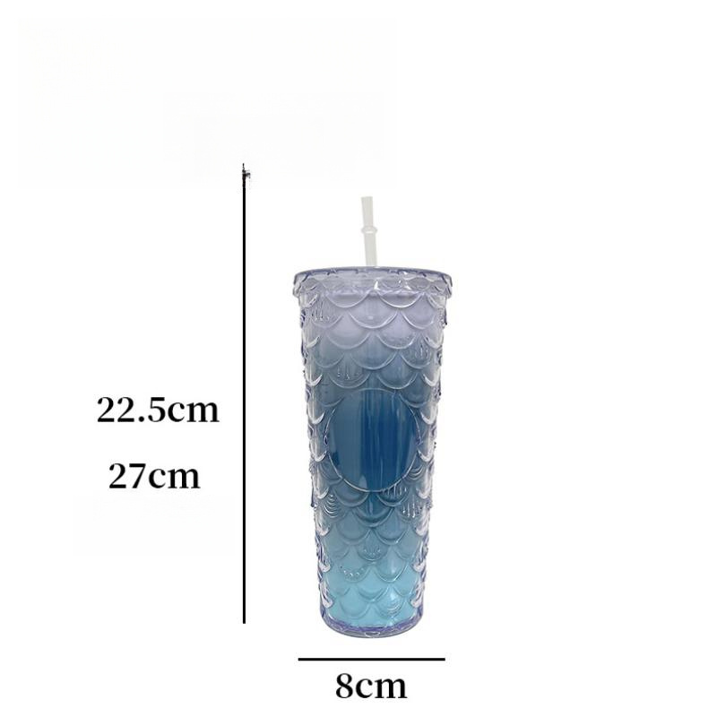 wholesale girl Fish scale pattern 24oz double wall coffee mug tumbler plastic water cup with lid and straw