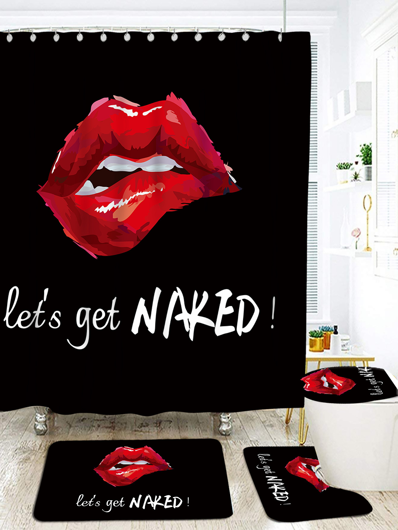 CF BS53 Sexy red lips printed black hotel shower curtain waterproof polyester bath curtain sets 4 pieces for bathroom decorate