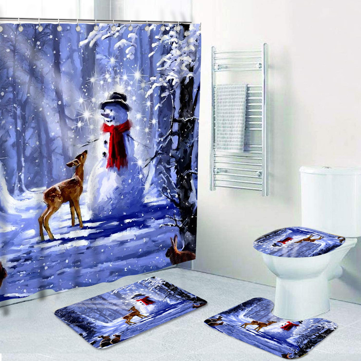 Decoration christmas bath rug set snowman Designer Digital Printing Washroom Bathroom sets with shower curtain and rugs and acc