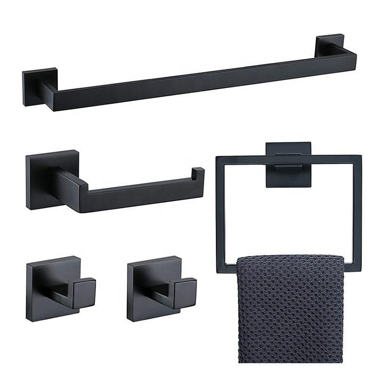 CF BSM145 5pcs Bath Hardware 40cm Black Towel Bar Toilet Paper Holder Rectangular ring Bathroom Hook Bathroom Accessories Set