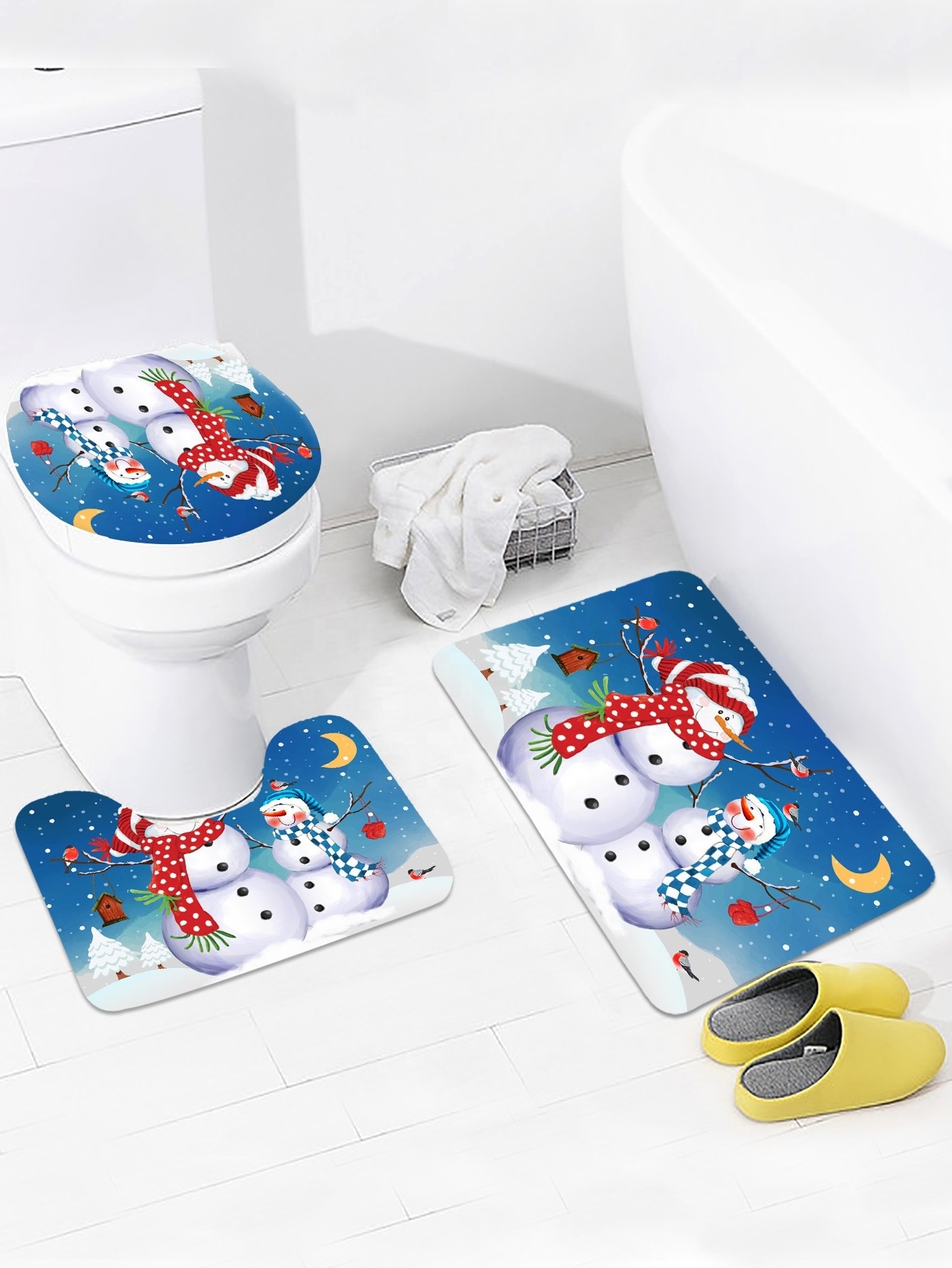 Decoration christmas bath rug set snowman Designer Digital Printing Washroom Bathroom sets with shower curtain and rugs and acc