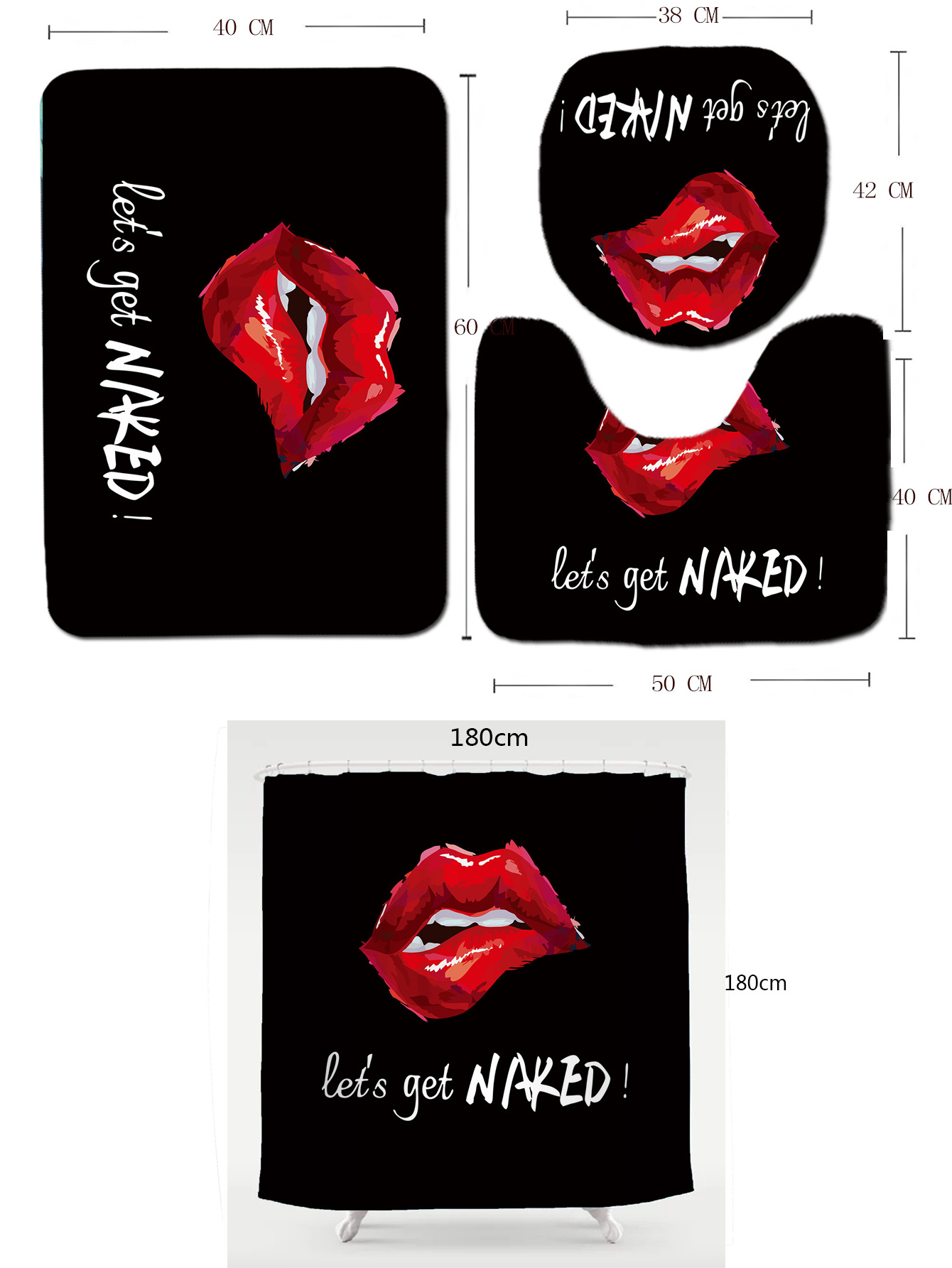 CF BS53 Sexy red lips printed black hotel shower curtain waterproof polyester bath curtain sets 4 pieces for bathroom decorate