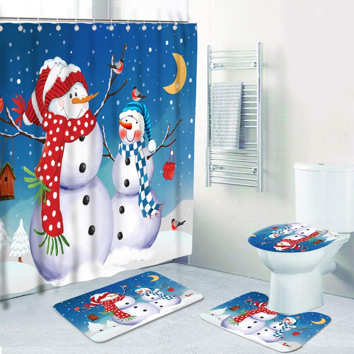 Decoration christmas bath rug set snowman Designer Digital Printing Washroom Bathroom sets with shower curtain and rugs and acc