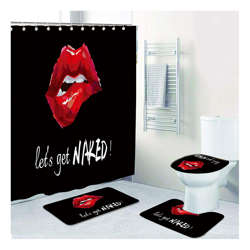 CF BS53 Sexy red lips printed black hotel shower curtain waterproof polyester bath curtain sets 4 pieces for bathroom decorate