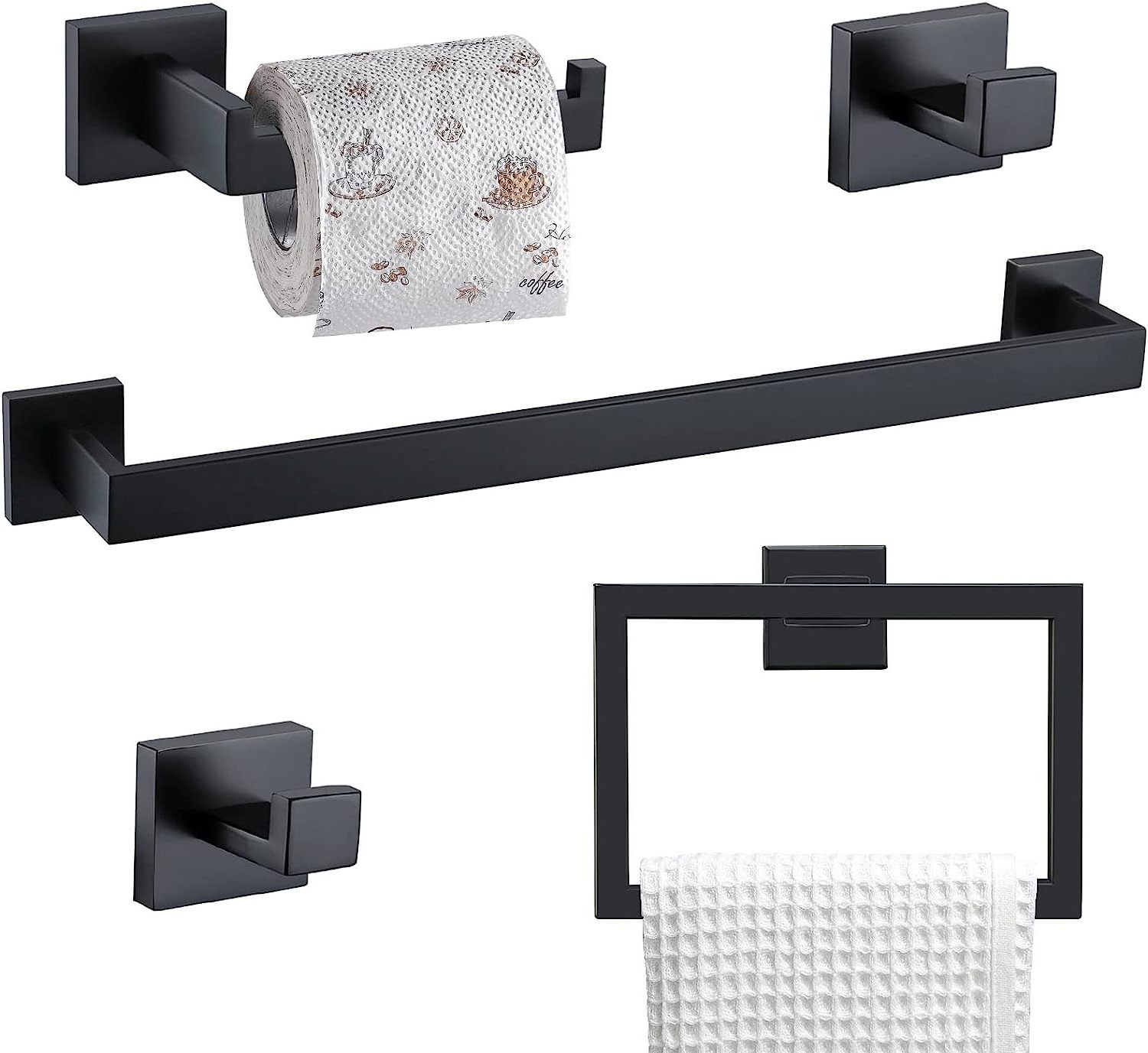 CF BSM145 5pcs Bath Hardware 40cm Black Towel Bar Toilet Paper Holder Rectangular ring Bathroom Hook Bathroom Accessories Set