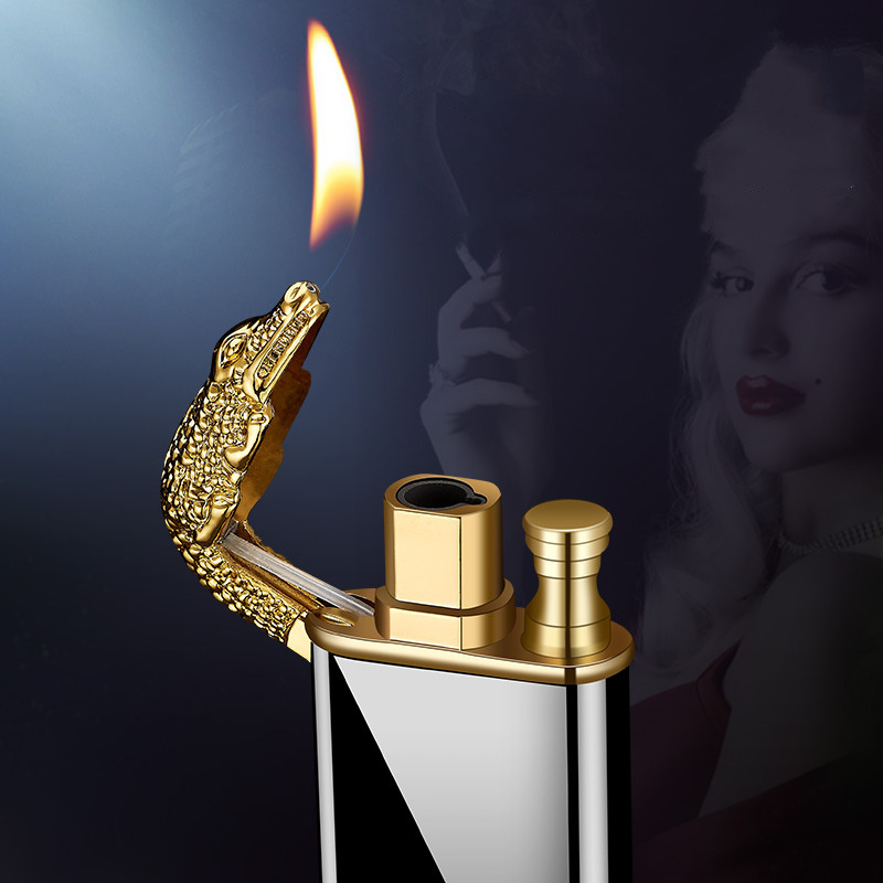 Crocodile creative double-fire lighter straight to open fire double-use lighter windproof inflatable can be engraved