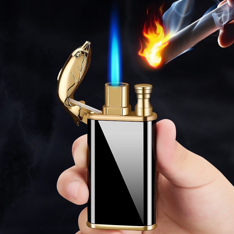 Crocodile creative double-fire lighter straight to open fire double-use lighter windproof inflatable can be engraved