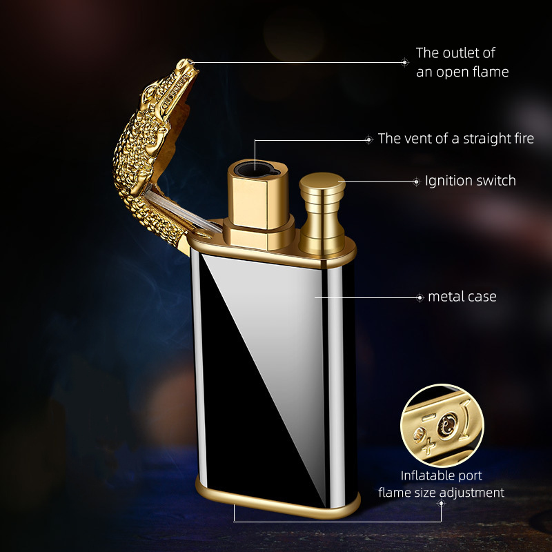 Crocodile creative double-fire lighter straight to open fire double-use lighter windproof inflatable can be engraved