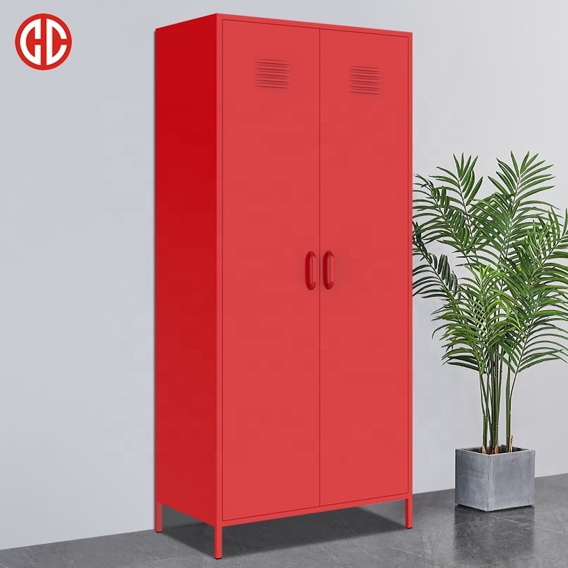 Red double door strong metal locker waterproof outdoor storage 2 door locker knock down structure metal locker