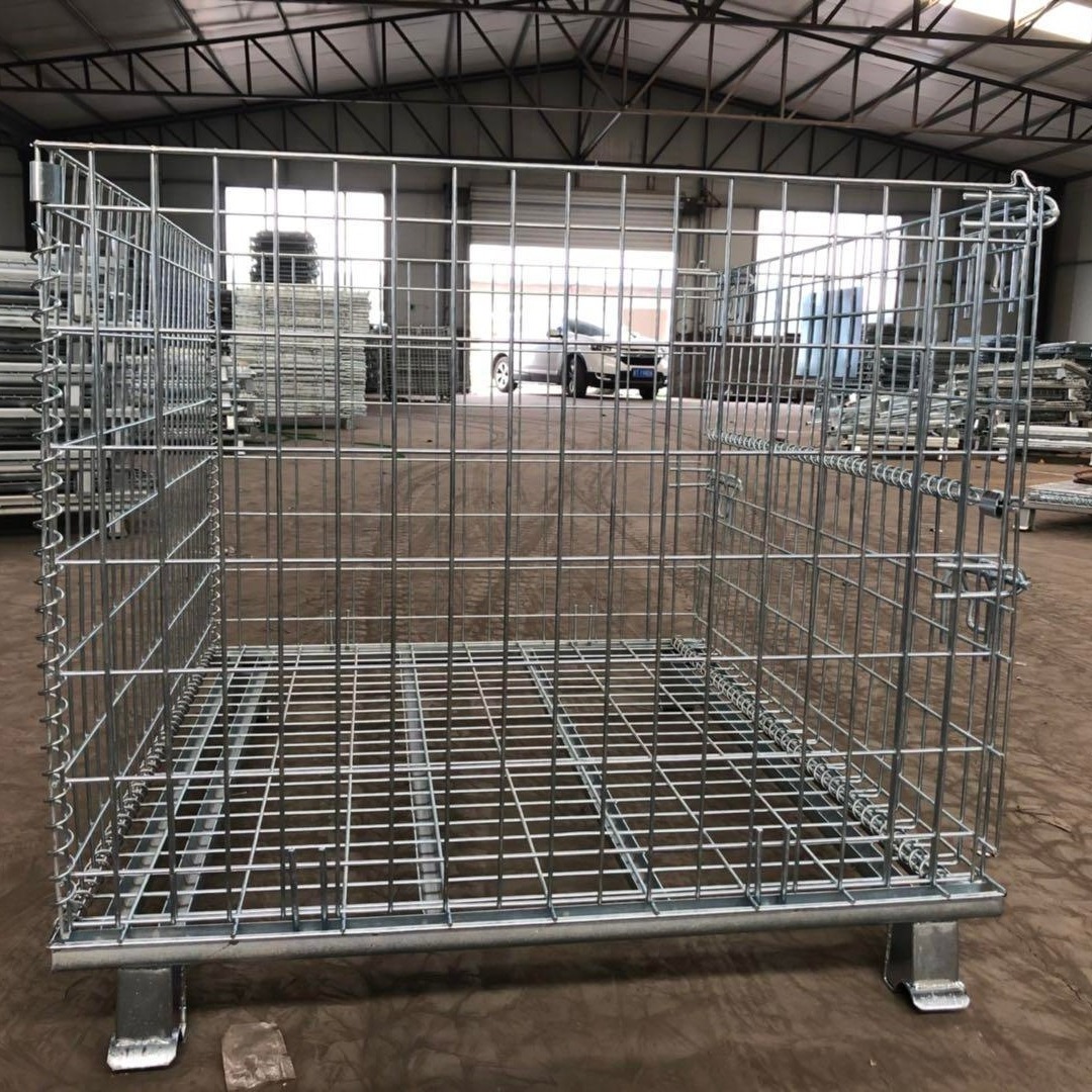 Galvanized Wire Mesh Container Foldable metal rolling Storage Cage for warehouse