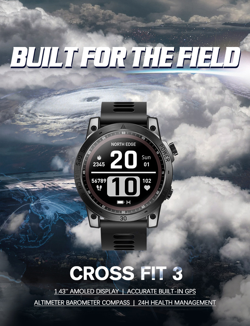 NORTH EDGE Cross Fit 3 Smartwatch GPS Watches Men Sport Smart Watch HD AMOLED Display 50M ATM Altimeter Barometer Compass