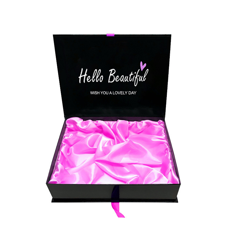 custom logo luxury black cardboard hair bundle hair extension gift boxes ribbon wig box packaging with satin insert for wigs