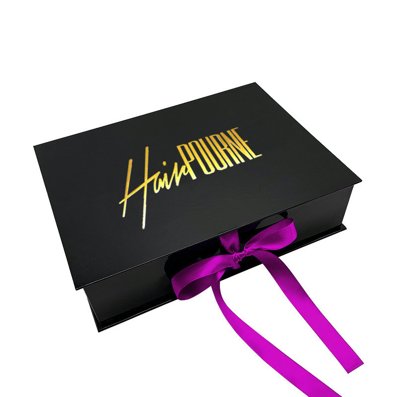 custom logo luxury black cardboard hair bundle hair extension gift boxes ribbon wig box packaging with satin insert for wigs