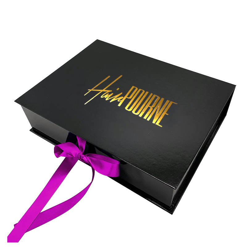 custom logo luxury black cardboard hair bundle hair extension gift boxes ribbon wig box packaging with satin insert for wigs