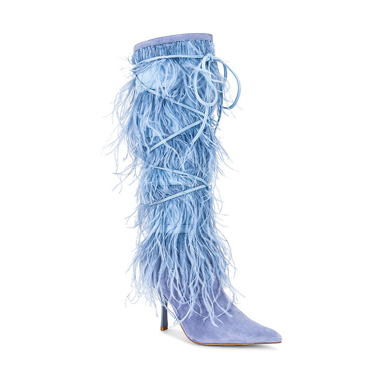 Light blue ostrich feather knee high thin heel pointed toe hill botines para mujer boots women shoes