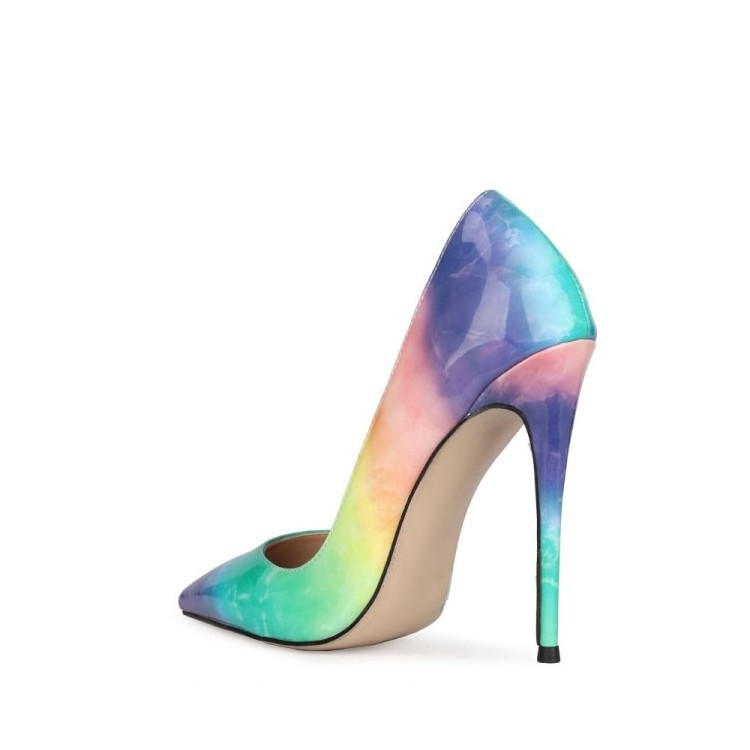 Rainbow colorful pumps slip on stable high covered heel ladies sexy women pencil heel shoes