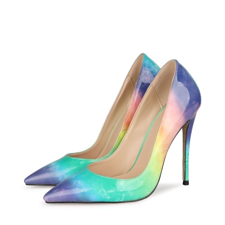 Rainbow colorful pumps slip on stable high covered heel ladies sexy women pencil heel shoes