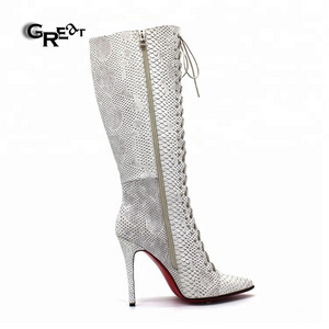 White Crocodile Skin Stiletto Ladies Shoes Strappy PointedToe Boots Leather Boots For Women