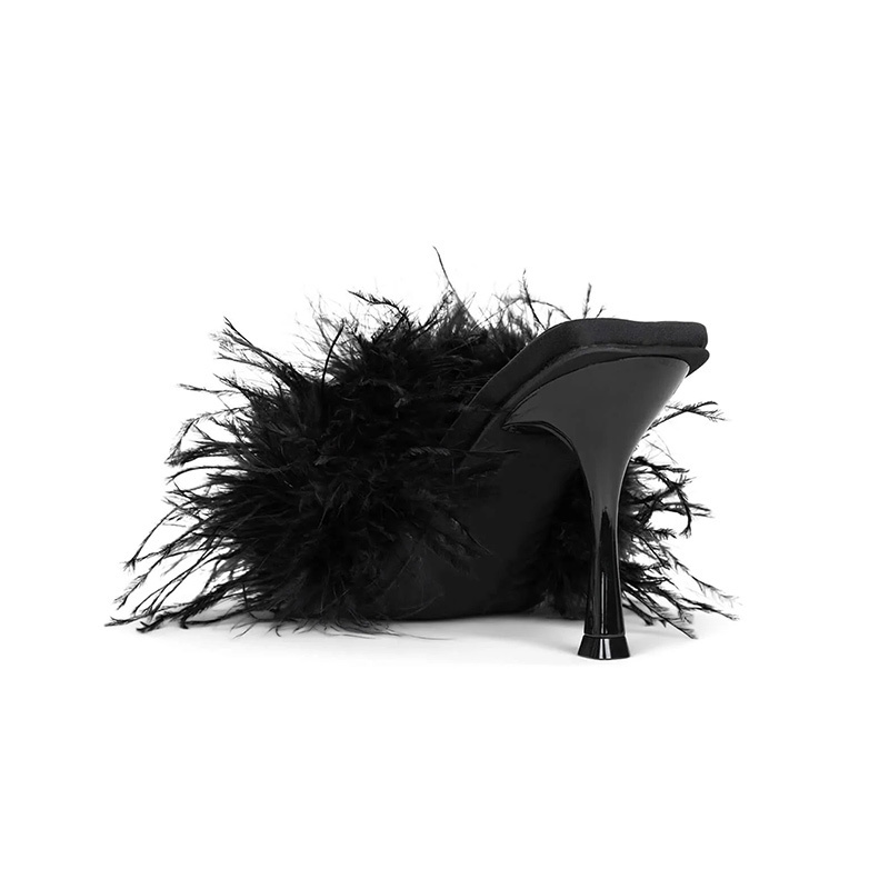 2023 Fashion ostrich feather middle thin heels dance shoes square toe shoes slippers heels women sandals