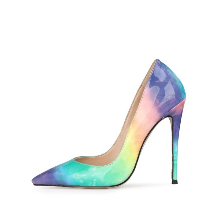 Rainbow colorful pumps slip on stable high covered heel ladies sexy women pencil heel shoes