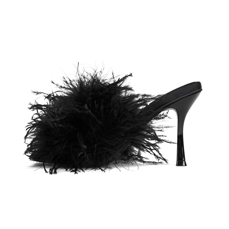 2023 Fashion ostrich feather middle thin heels dance shoes square toe shoes slippers heels women sandals