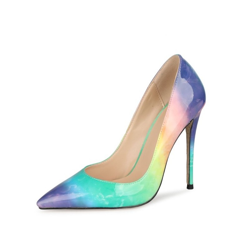 Rainbow colorful pumps slip on stable high covered heel ladies sexy women pencil heel shoes