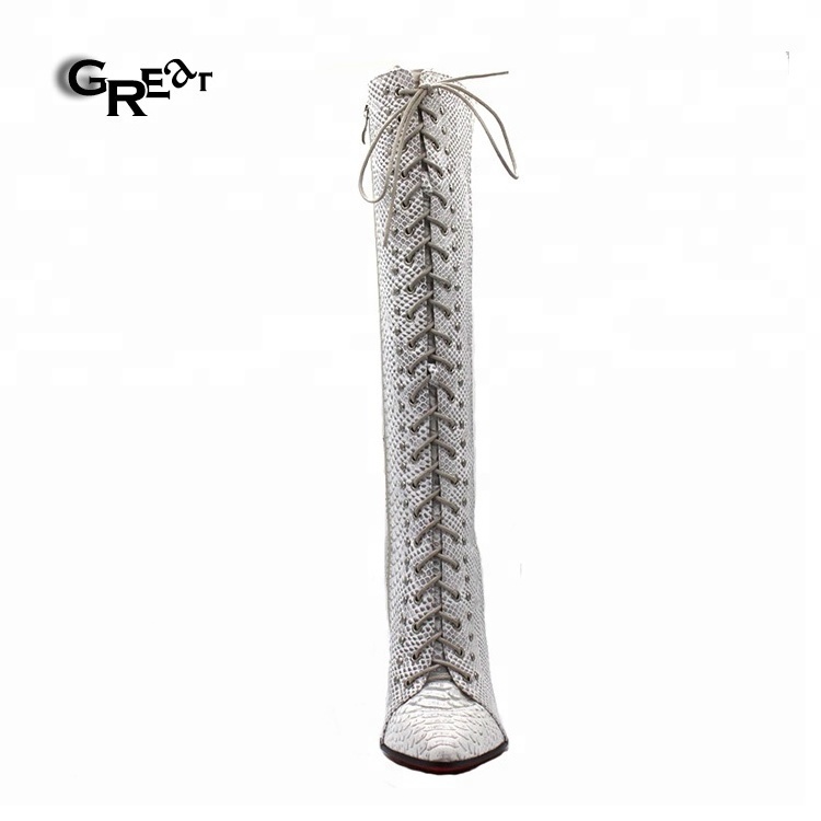 White Crocodile Skin Stiletto Ladies Shoes Strappy PointedToe Boots Leather Boots For Women