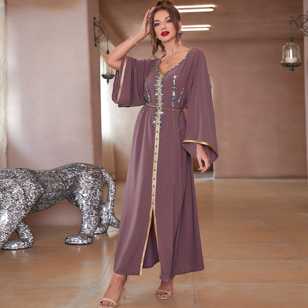 Support laitu to design customized women's pink purple diamond inlaid abaya summer robe Islamic Muslim clothing manufacturer