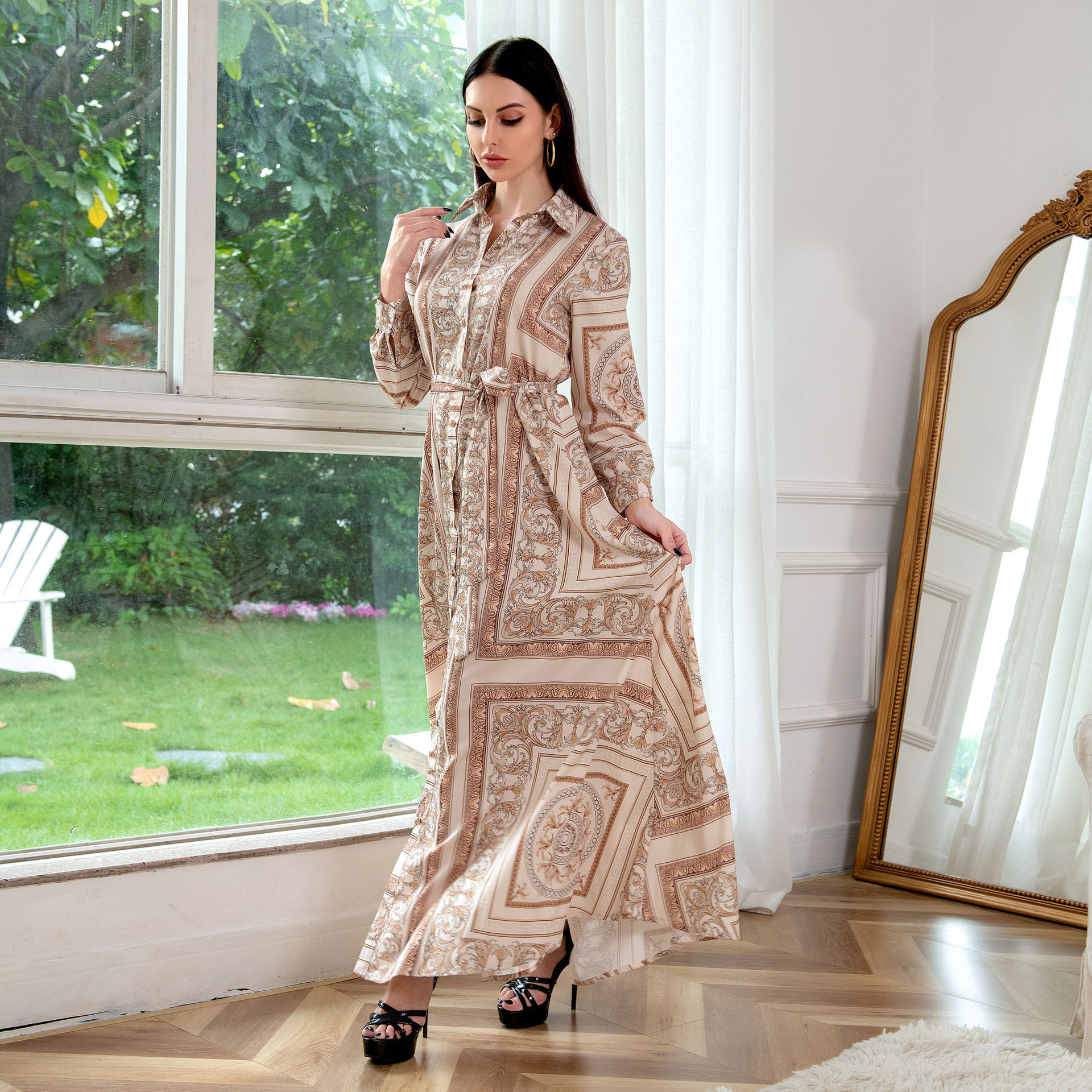 Cross border Middle East E-commerce European and American Dress Muslim Women's Southeast Asian Print Long Sleeve Dress