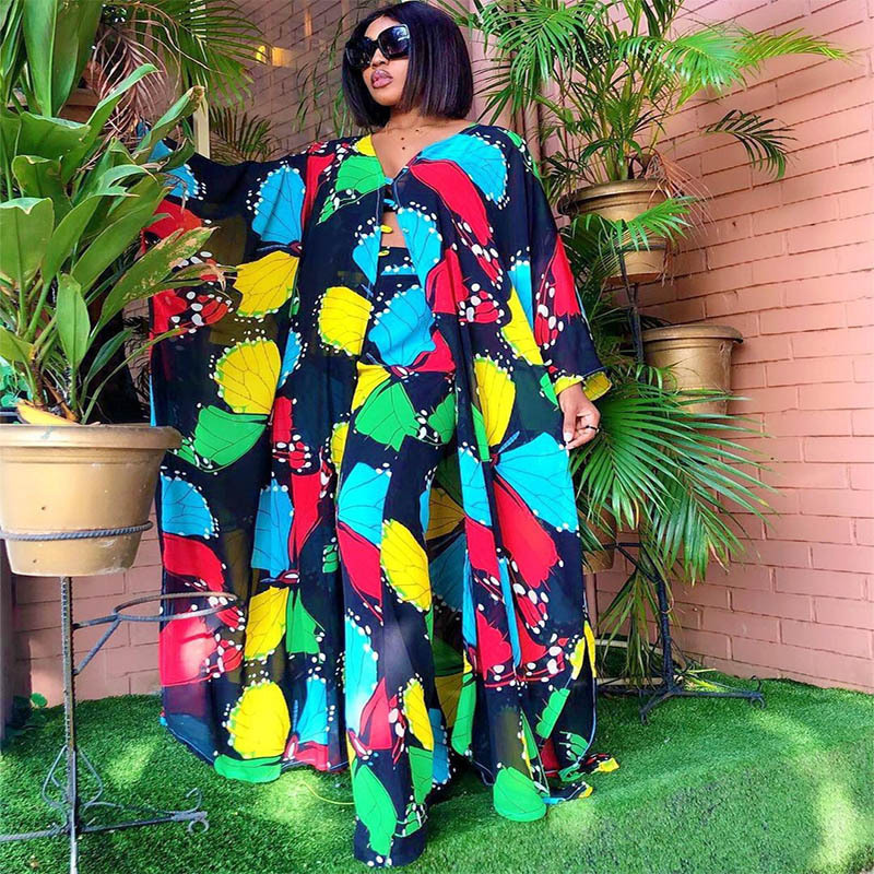 2023 Sun Block Print Chiffon Cardigan Slacks African Autumn Robe Two Piece Set