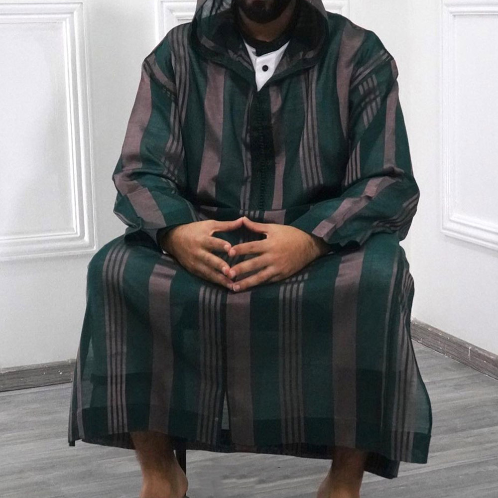 2022 New Fashion Men Ethnic Style Shirt Ramadan Gown Moroccan Robe Striped  Islamic Long Thobe