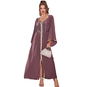 Support laitu to design customized women's pink purple diamond inlaid abaya summer robe Islamic Muslim clothing manufacturer