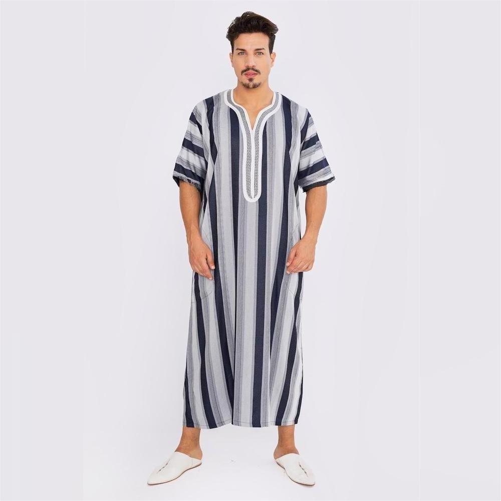 Moroccan Style High Grade Comfortable XL Islamic Men's Robe Striped Ethnic Caftan Jubba Kaftan with Long Sleeves