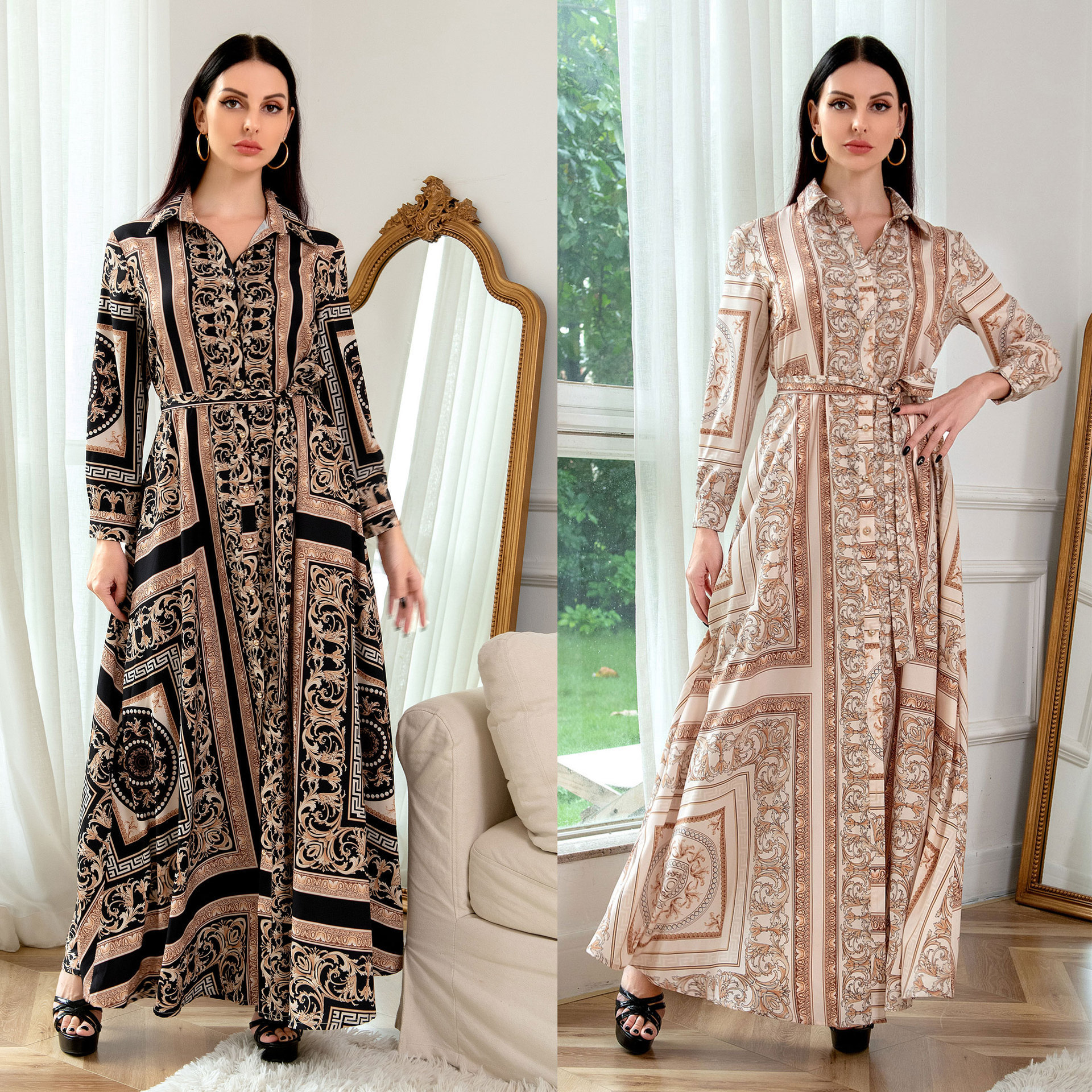 Cross border Middle East E-commerce European and American Dress Muslim Women's Southeast Asian Print Long Sleeve Dress