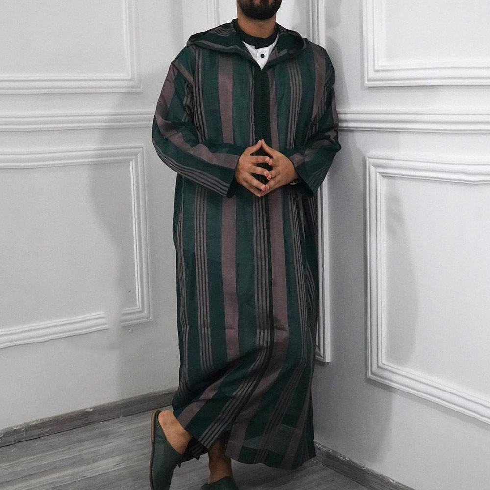 2022 New Fashion Men Ethnic Style Shirt Ramadan Gown Moroccan Robe Striped  Islamic Long Thobe