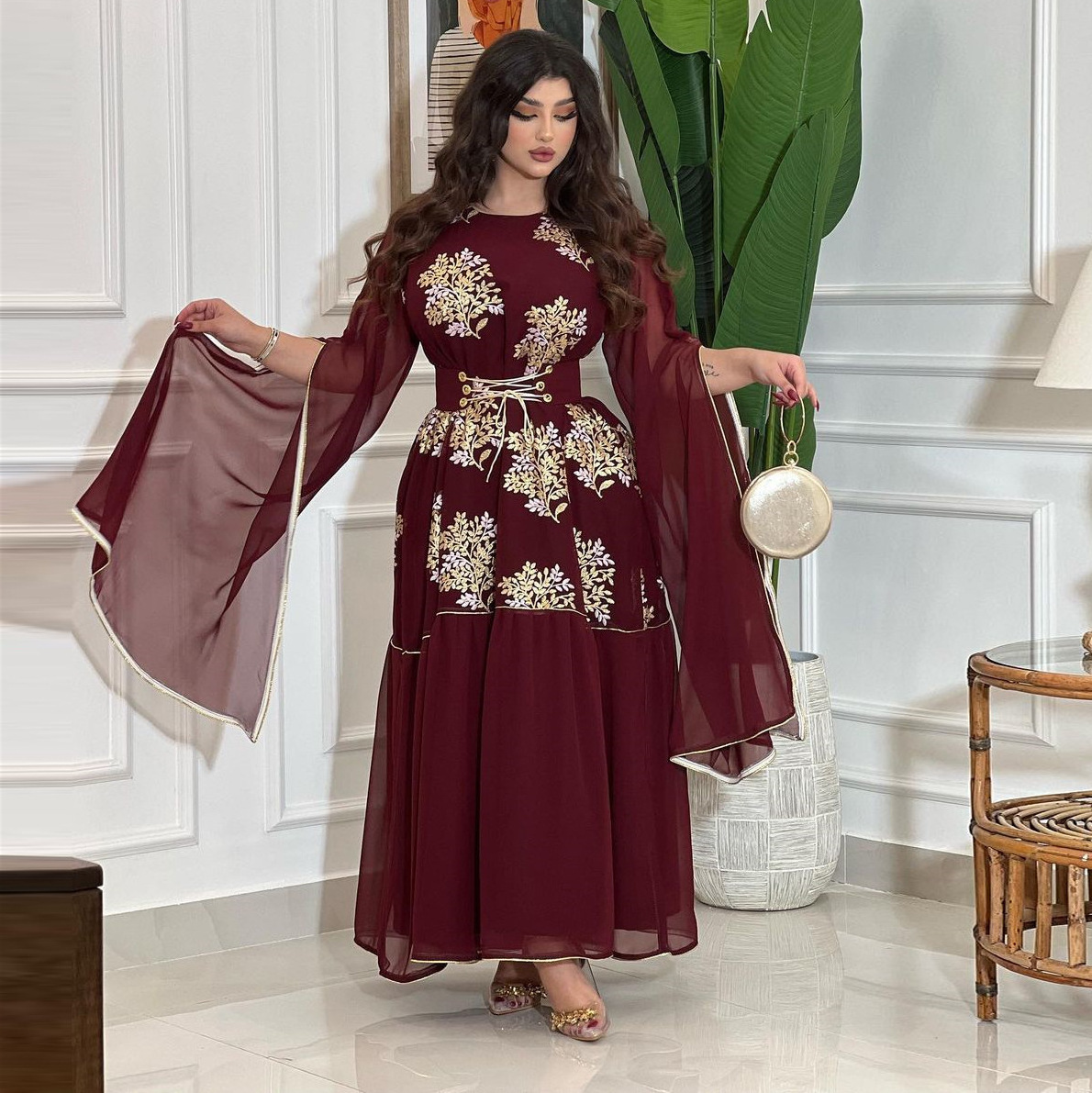 New cross-border Middle East women's clothing Arab clothing Muslim women's gauze tunic waist thin big swing sleeve wholesale