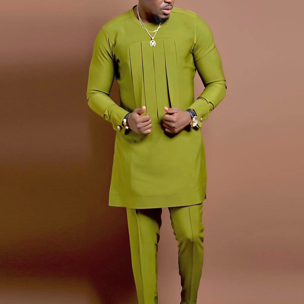 2023 African men's suit solid color splicing casual men's 2-piece set Abaya