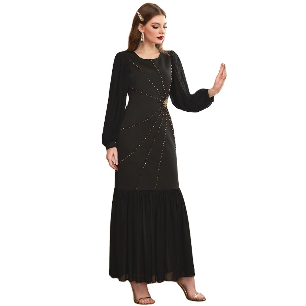 Islamic Muslim garment factory women's black sequins luxury gold rimmed and diamond inlaid abaya robes support customization