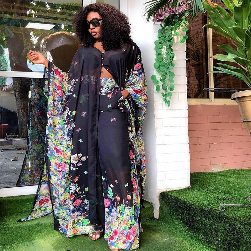 2023 Sun Block Print Chiffon Cardigan Slacks African Autumn Robe Two Piece Set