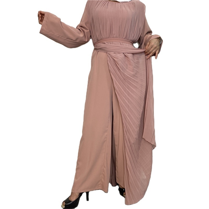 2023  New Coming Simple Abaya Jumpsuit With Attached Pleased Chiffon Overlayer Muslim Modest Jumpsuits Islamic Clothing