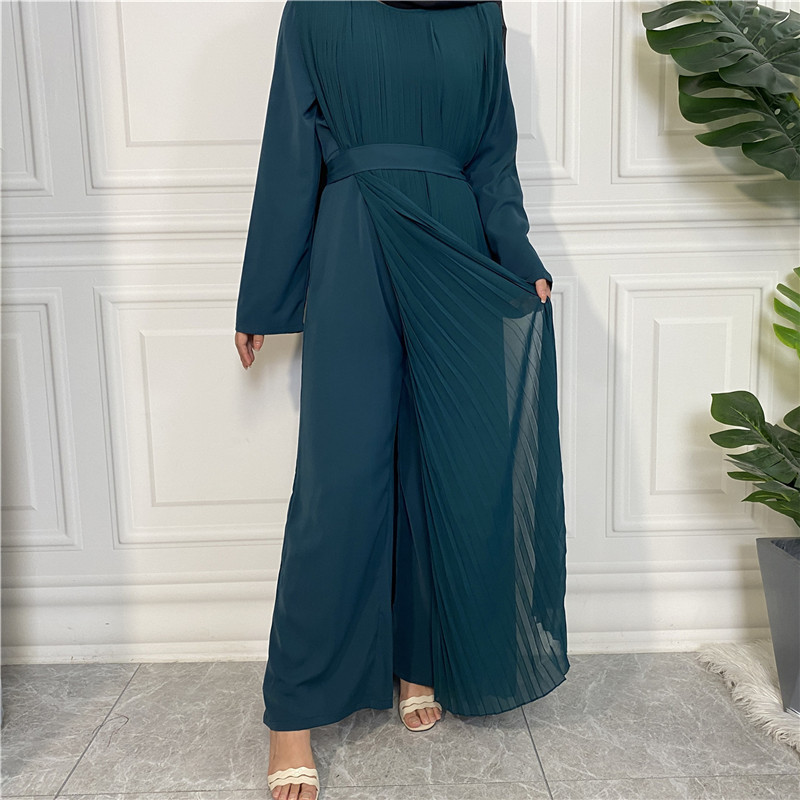 2023  New Coming Simple Abaya Jumpsuit With Attached Pleased Chiffon Overlayer Muslim Modest Jumpsuits Islamic Clothing