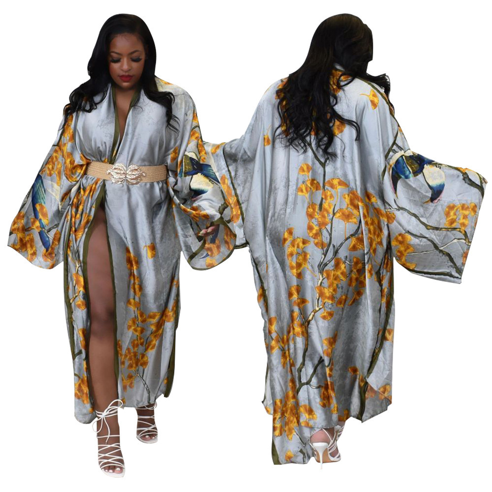 Fashion Abaya Muslim Dresses Caftan Marocain Silk Dress Vestidos Elegantes Floral Print Full Length Maxi Boho Dress Women