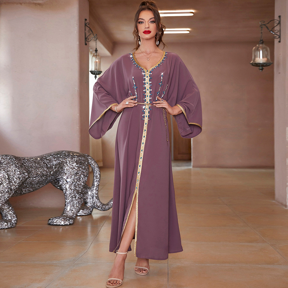 Support laitu to design customized women's pink purple diamond inlaid abaya summer robe Islamic Muslim clothing manufacturer