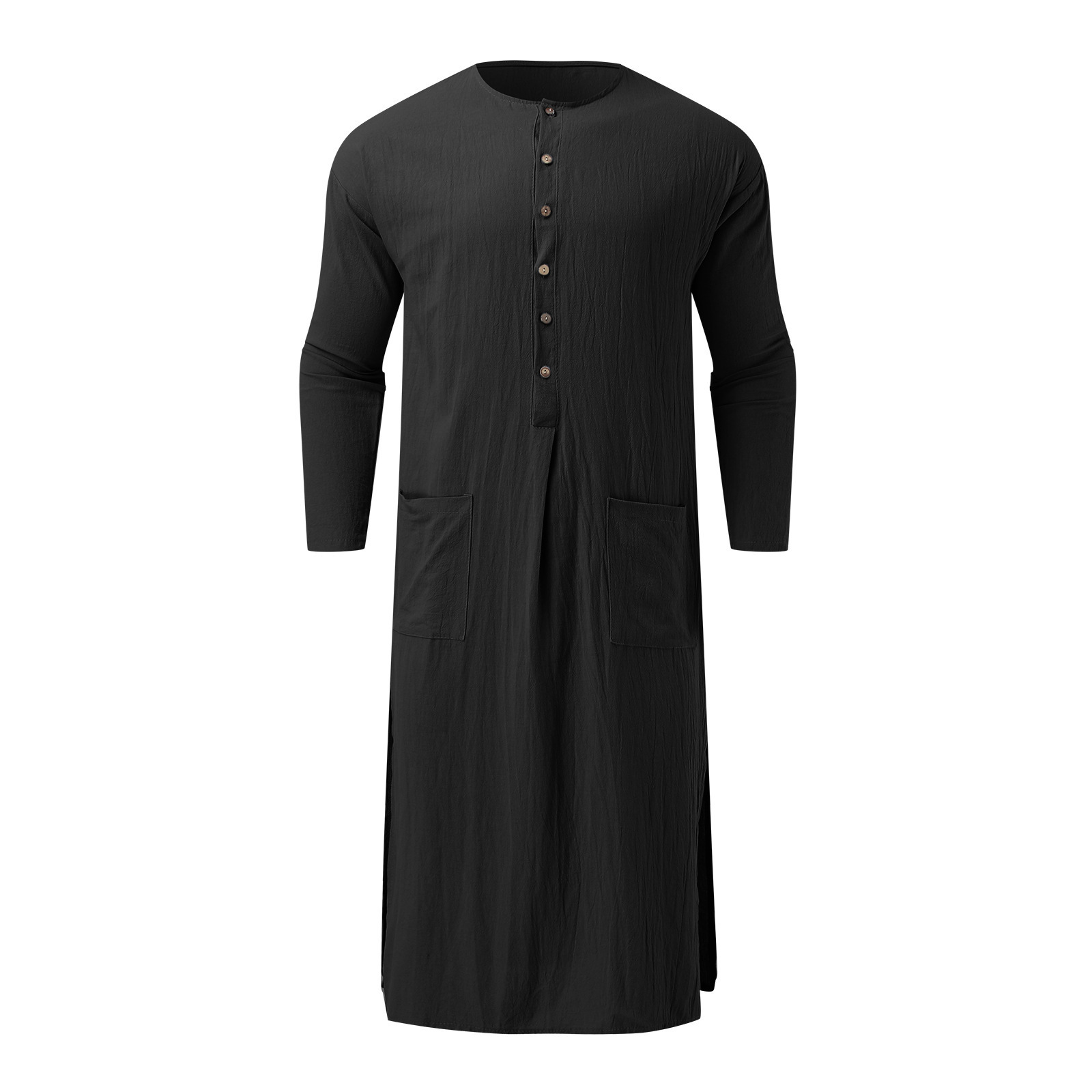 LangChi Muslim Mens Long Sleeve V Neck Front Pocket Breathable Loose Kaftan Robe Islamic Arabic Button Up Dress