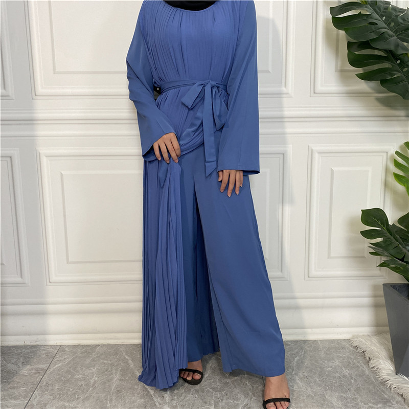 2023  New Coming Simple Abaya Jumpsuit With Attached Pleased Chiffon Overlayer Muslim Modest Jumpsuits Islamic Clothing